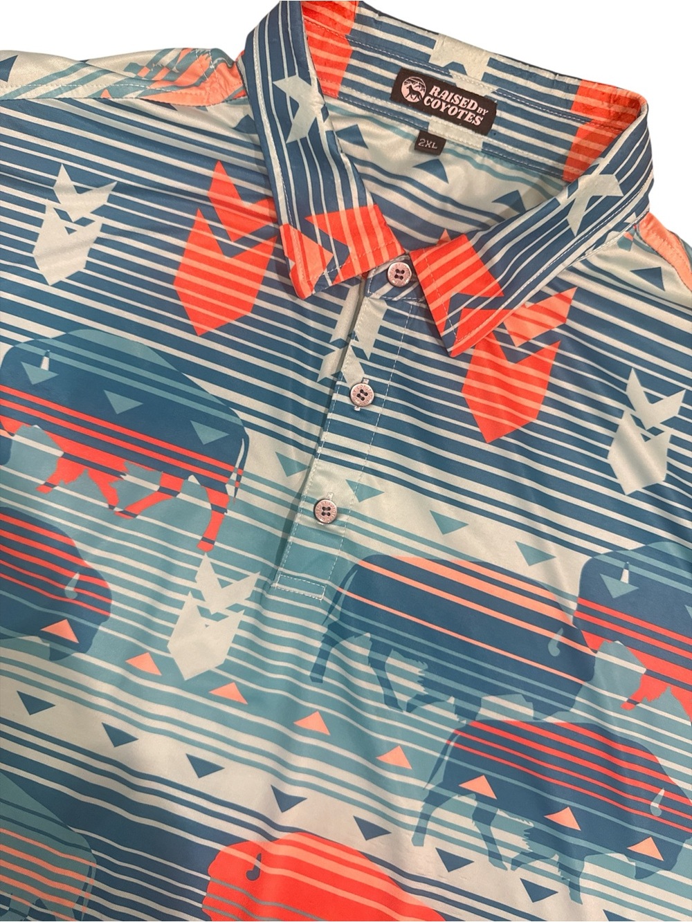 Raised By Coyotes Aztec Southwestern Western Buffalo Polo Mens XXL Stretch GUC
